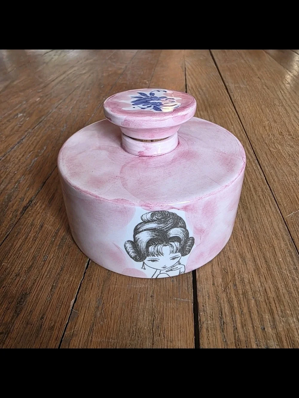 1950's-1960's Italian Pink Ceramic Decorative Jar with Illustrated Girl Accent